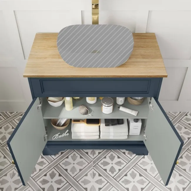 Lucia Inky Blue Cabinet with Oak Effect Top 840mm (Excludes Counter Top Basin) - Brass Accents