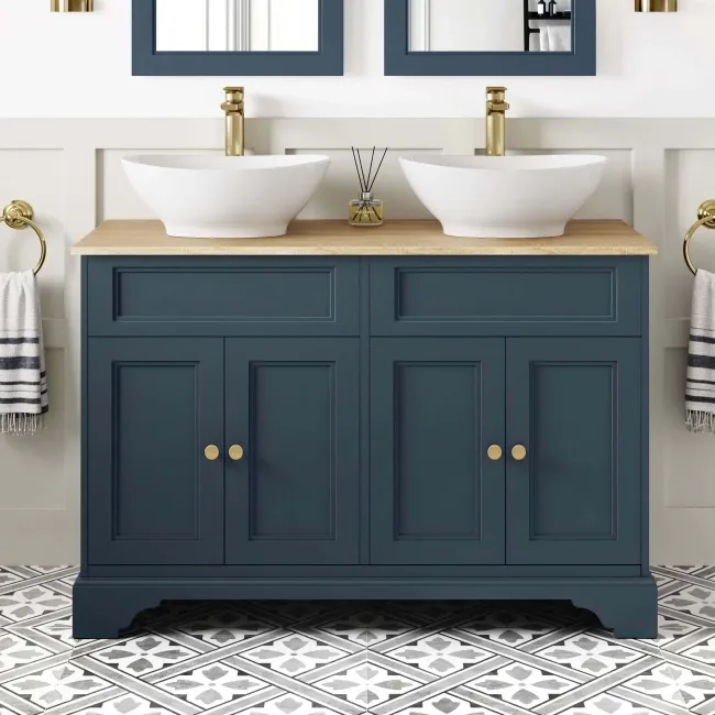 Lucia Inky Blue Double Vanity with Oak Effect Top & Oval Counter Top Basin 1200mm - Brass Accents