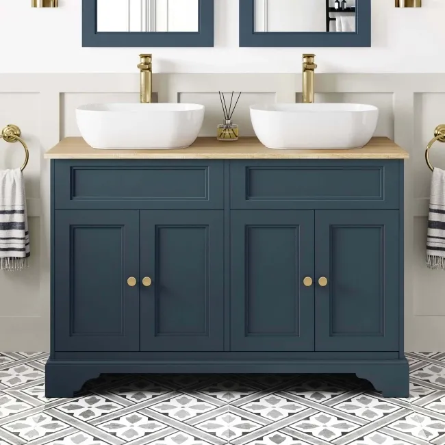 Lucia Inky Blue Double Vanity with Oak Effect Top & Curved Counter Top Basin 1200mm - Brass Accents