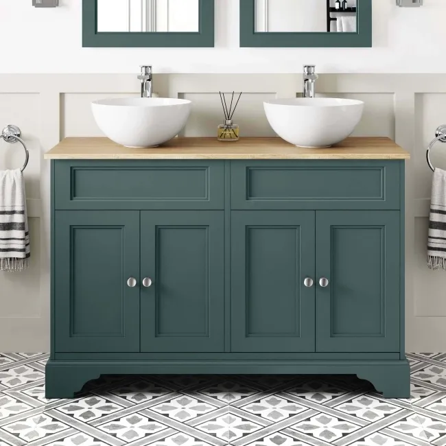 Lucia Midnight Green Double Vanity with Oak Effect Top & Round Counter Top Basin 1200mm