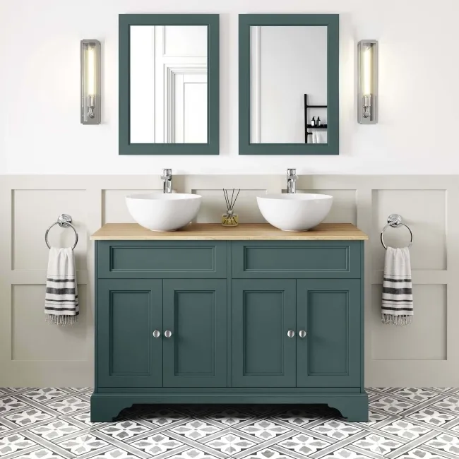 Lucia Midnight Green Double Vanity with Oak Effect Top & Round Counter Top Basin 1200mm
