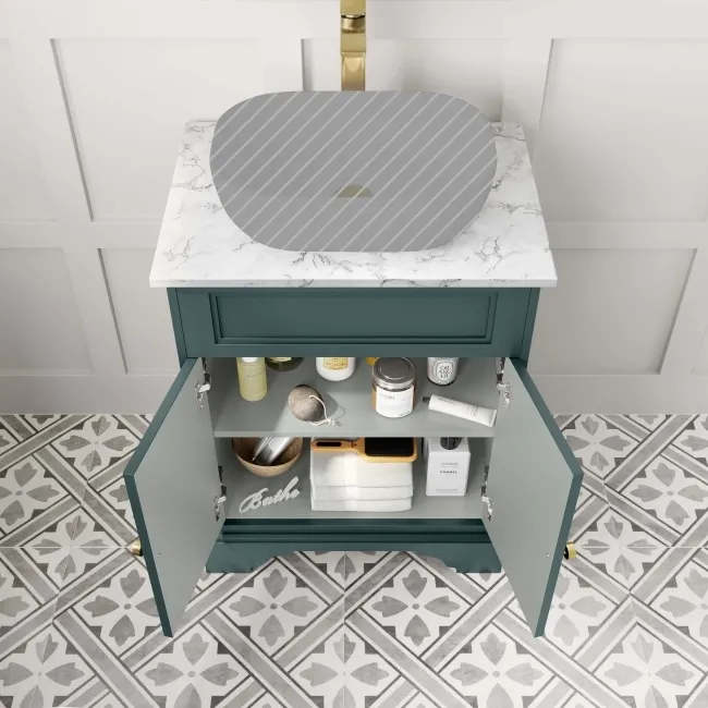 Lucia Midnight Green Cabinet with Marble Top 640mm (Excludes Counter Top Basin) - Brass Accents