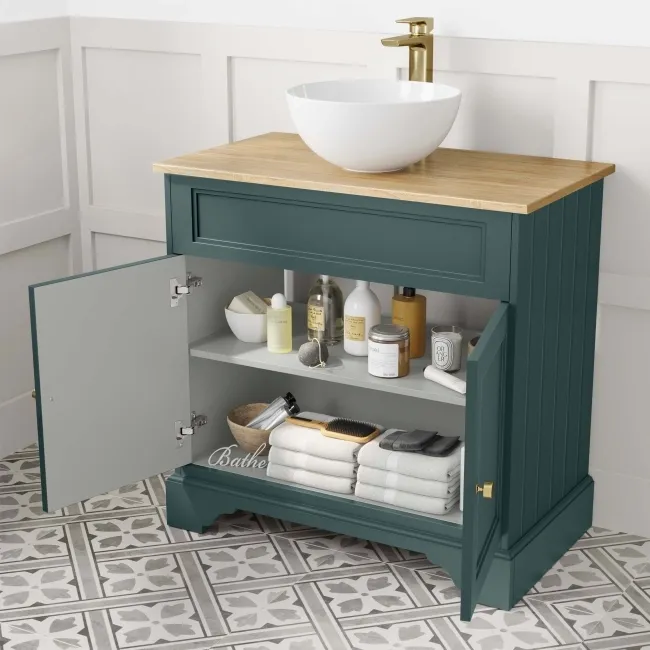 Lucia Midnight Green Vanity with Oak Effect Top & Round Counter Top Basin 840mm - Brass Accents