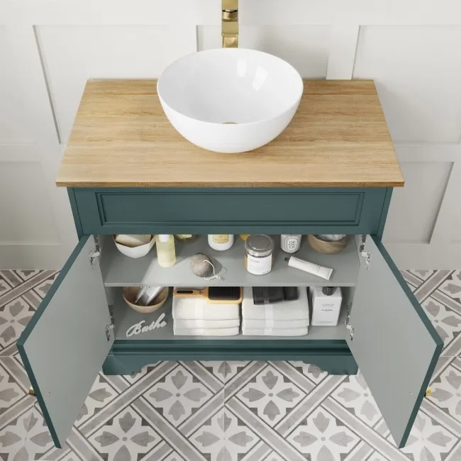 Lucia Midnight Green Vanity with Oak Effect Top & Round Counter Top Basin 840mm - Brass Accents
