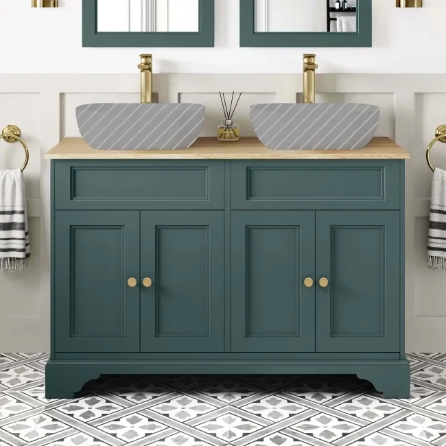 Lucia Midnight Green Cabinet Oak Effect Top 1200mm (Excludes Counter Top Basins) - Brass Accents