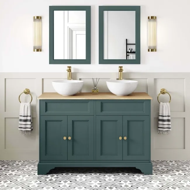 Lucia Midnight Green Double Vanity Oak Effect Top & Round Counter Top Basin 1200mm - Brass Accents