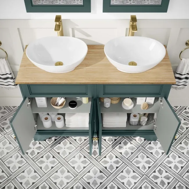 Lucia Midnight Green Double Vanity Oak Effect Top & Oval Counter Top Basin 1200mm - Brass Accents