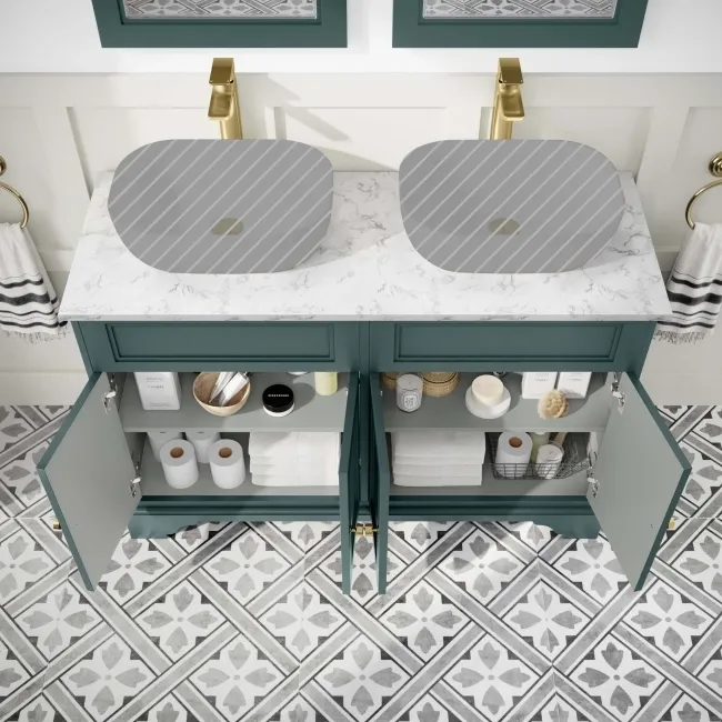 Lucia Midnight Green Cabinet with Marble Top 1200mm (Excludes Counter Top Basins) - Brass Accents