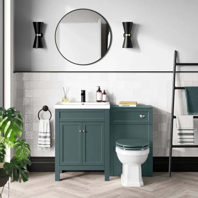 Bermuda Traditional Midnight Green Slimline Back To Wall Unit and Hudson Toilet with Wooden Seat