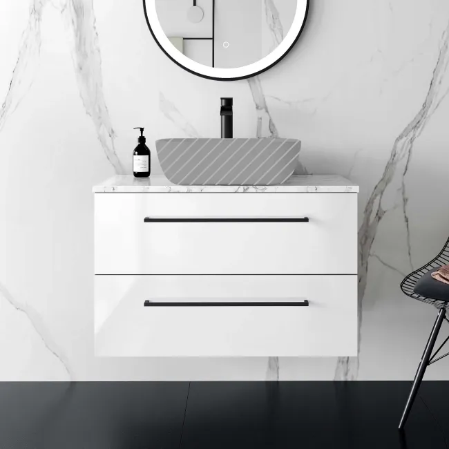 Elba Gloss White Wall Hung Drawer 800mm Excludes Counter Top Basin - Black Accents
