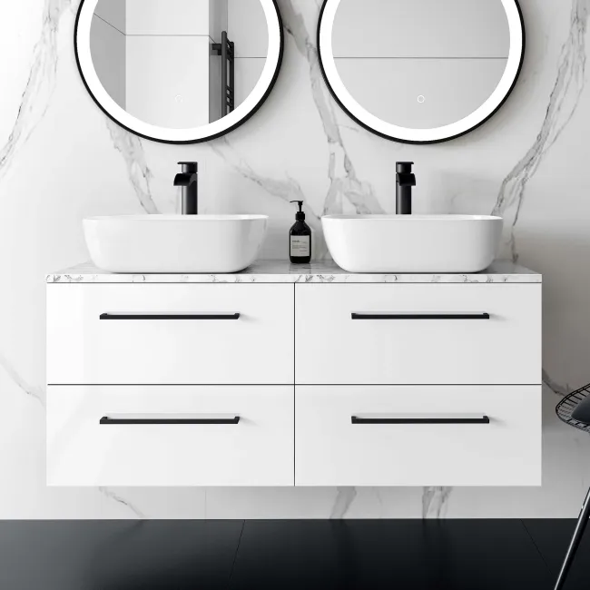 Elba Gloss White Double Wall Hung Drawer Vanity Marble Top & Curved Basin 1200mm - Black Accents