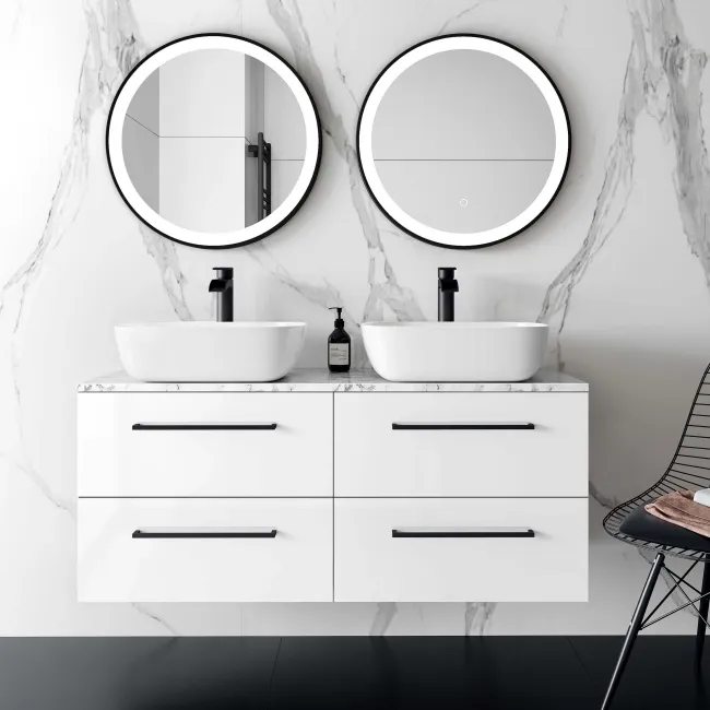 Elba Gloss White Double Wall Hung Drawer Vanity Marble Top & Curved Basin 1200mm - Black Accents