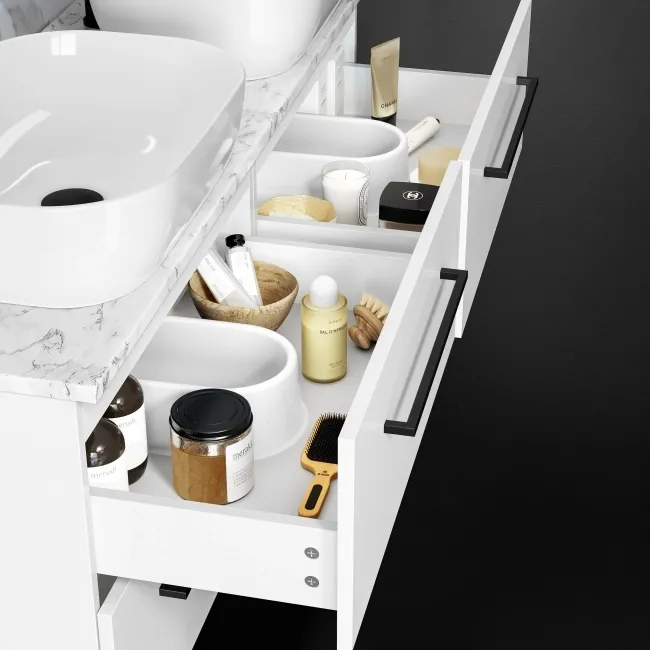 Elba Gloss White Double Wall Hung Drawer Vanity Marble Top & Curved Basin 1200mm - Black Accents