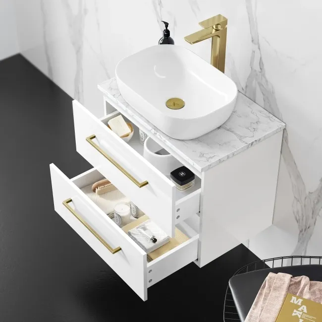 Elba Gloss White Wall Hung Vanity Marble Top & Curved Counter Top Basin 600mm - Brass Accents