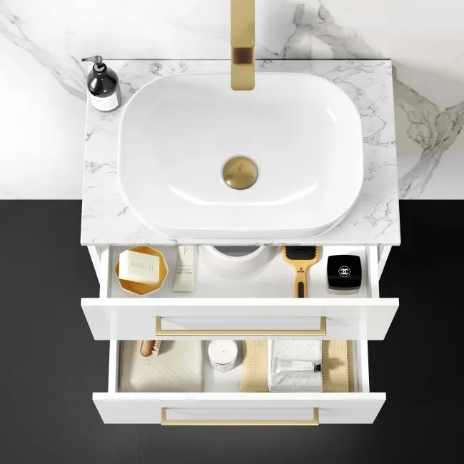 Elba Gloss White Wall Hung Vanity Marble Top & Curved Counter Top Basin 600mm - Brass Accents