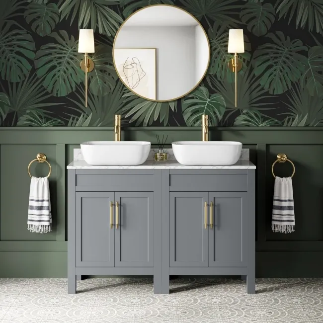 Bermuda Dove Grey Vanity with Marble Top & Curved Counter Top Basin 1200mm - Brass Knurled Handles