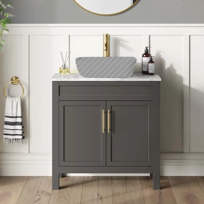 Bermuda Graphite Grey Cabinet with Marble Top 800mm Excludes Basin - Brass Knurled Handles