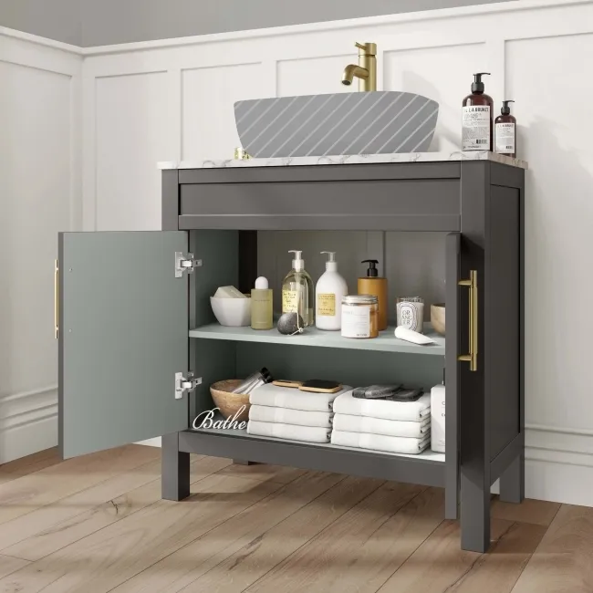 Bermuda Graphite Grey Cabinet with Marble Top 800mm Excludes Basin - Brass Knurled Handles
