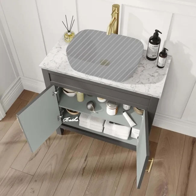 Bermuda Graphite Grey Cabinet with Marble Top 800mm Excludes Basin - Brass Knurled Handles