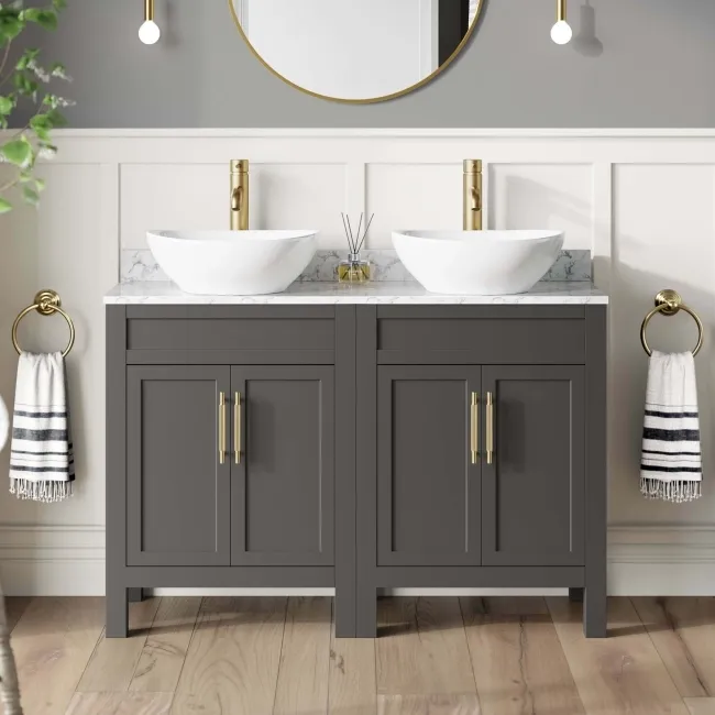 Bermuda Graphite Grey Vanity with Marble Top & Oval Counter Top Basin 1200mm - Brass Knurled Handles