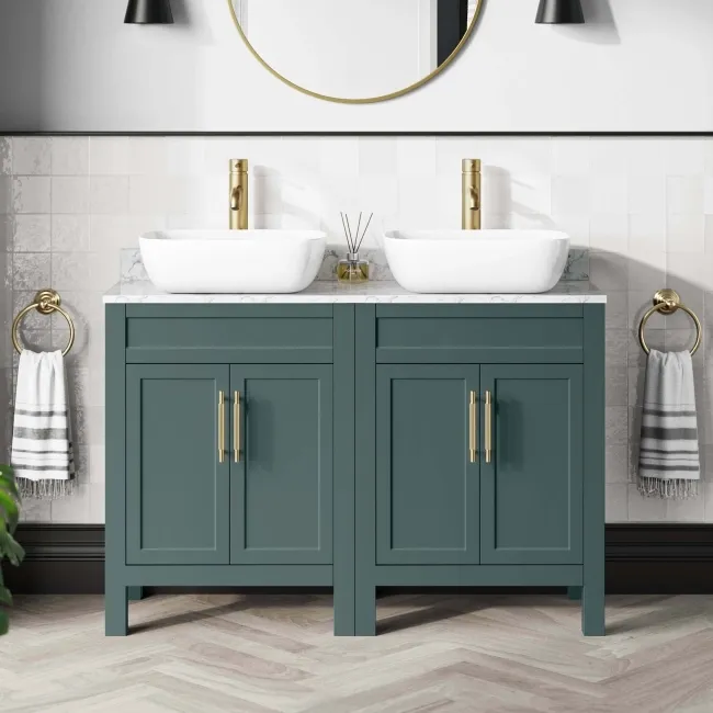 Bermuda Midnight Green Vanity Marble Top & Curved Counter Top Basin 1200mm - Brass Knurled Handles