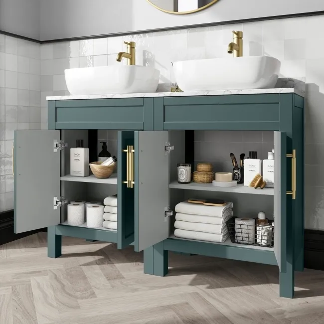 Bermuda Midnight Green Vanity Marble Top & Curved Counter Top Basin 1200mm - Brass Knurled Handles
