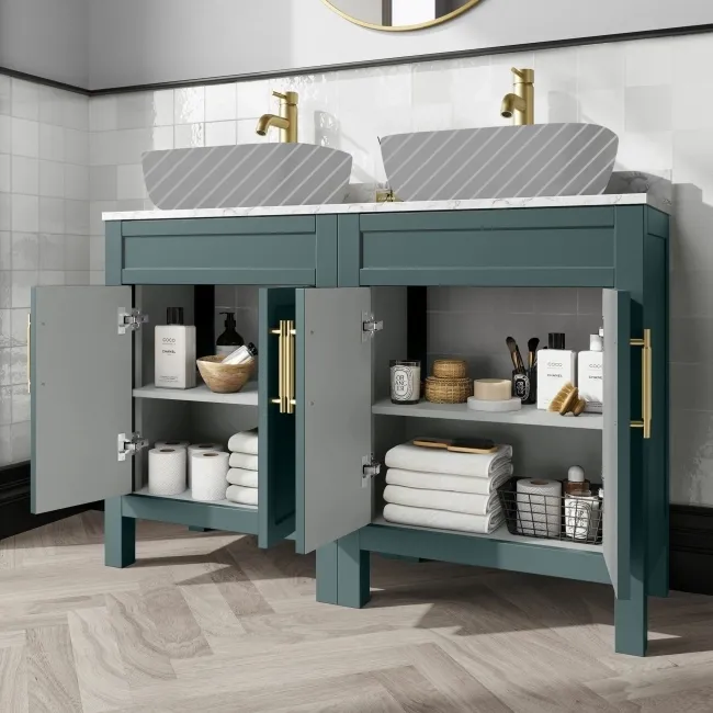 Bermuda Midnight Green Cabinet with Marble Top 1200mm Excludes Basins - Brass Knurled Handles