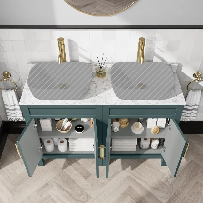 Bermuda Midnight Green Cabinet with Marble Top 1200mm Excludes Basins - Brass Knurled Handles