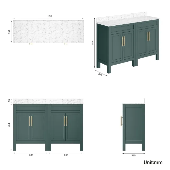 Bermuda Midnight Green Cabinet with Marble Top 1200mm Excludes Basins - Brass Knurled Handles