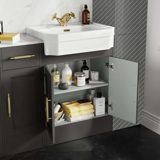 Monaco Graphite Grey Vanity Traditional Basin Marble Top 1500mm (No Toilet) - Knurled Handles