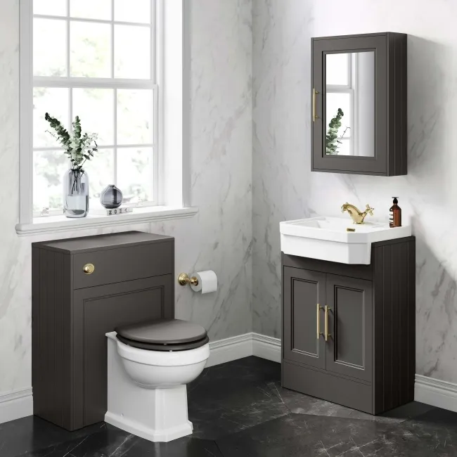Graphite Grey Mirror Cabinet 700x500mm - Brass Knurled Handles