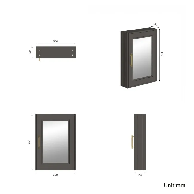 Graphite Grey Mirror Cabinet 700x500mm - Brass Knurled Handles