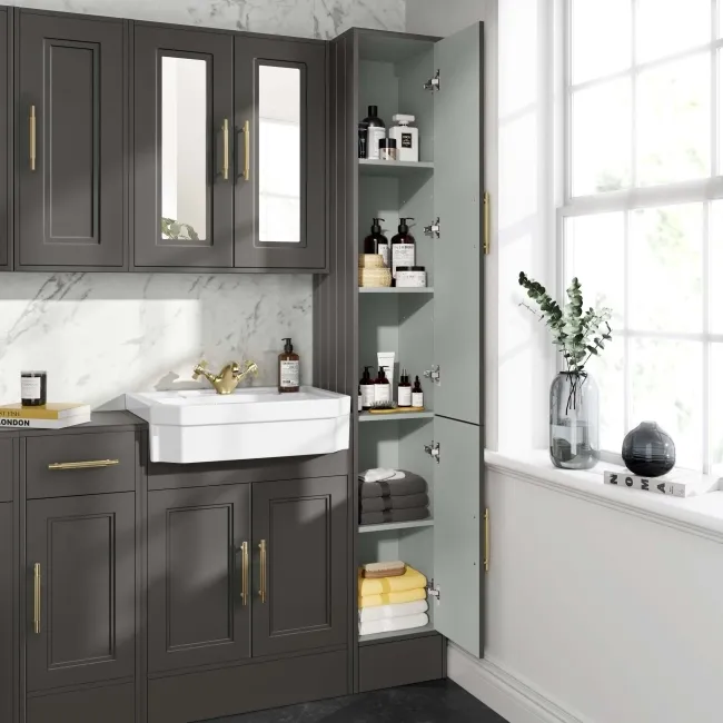Monaco Graphite Grey Floor Standing Tall Cabinet Unit 1900x300mm - Brass Knurled Handles