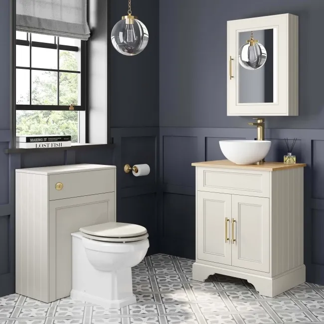 Lucia Chalk White Vanity with Oak Effect Top & Round Counter Top Basin 640mm - Brass Knurled Handles