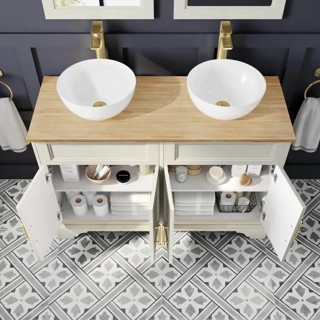 Lucia Chalk White Double Vanity Oak Effect Top & Round Counter Top Basin 1200mm - Knurled Handles