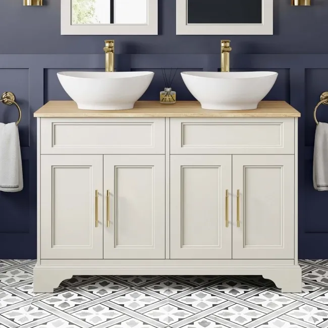 Lucia Chalk White Double Vanity Oak Effect Top & Oval Counter Top Basin 1200mm - Knurled Handles