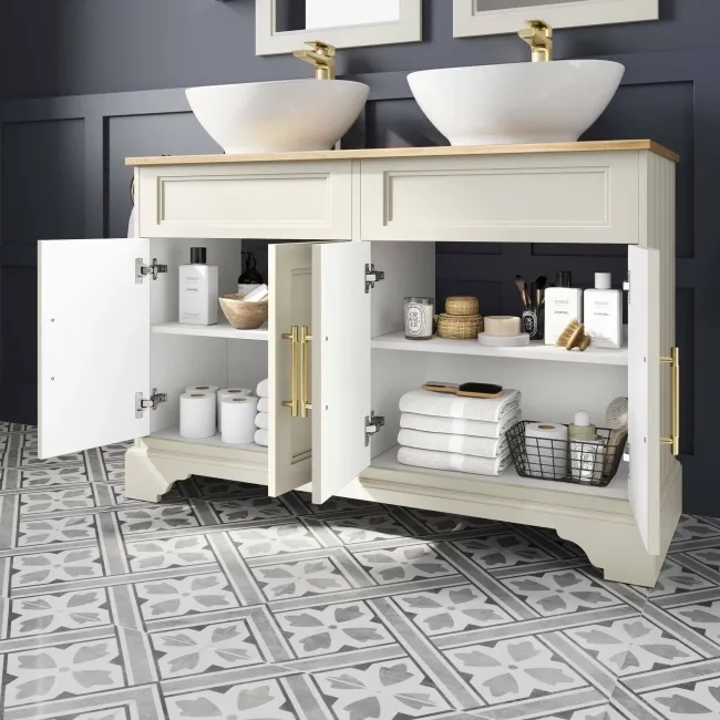 Lucia Chalk White Double Vanity Oak Effect Top & Oval Counter Top Basin 1200mm - Knurled Handles