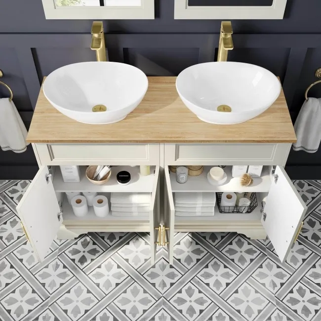 Lucia Chalk White Double Vanity Oak Effect Top & Oval Counter Top Basin 1200mm - Knurled Handles