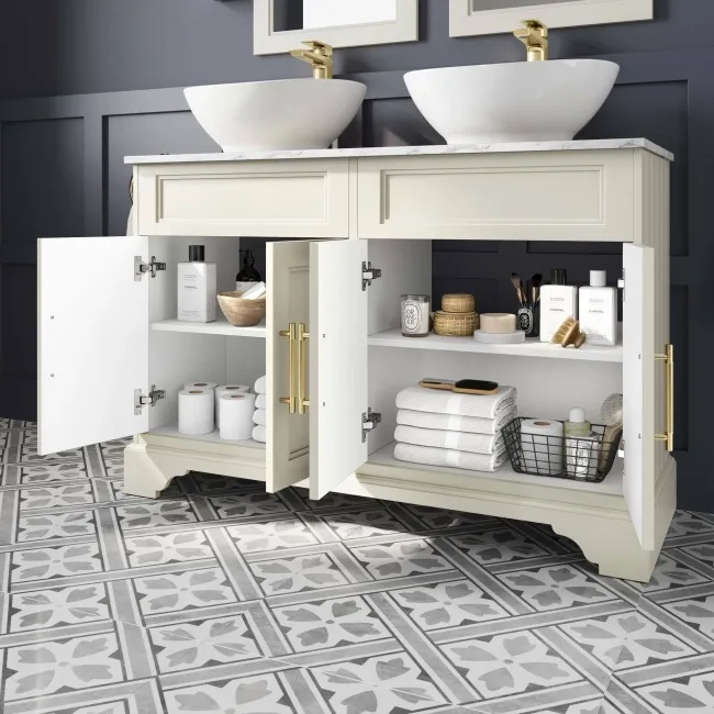 Lucia Chalk White Double Vanity with Marble Top & Oval Counter Top Basin 1200mm - Knurled Handles