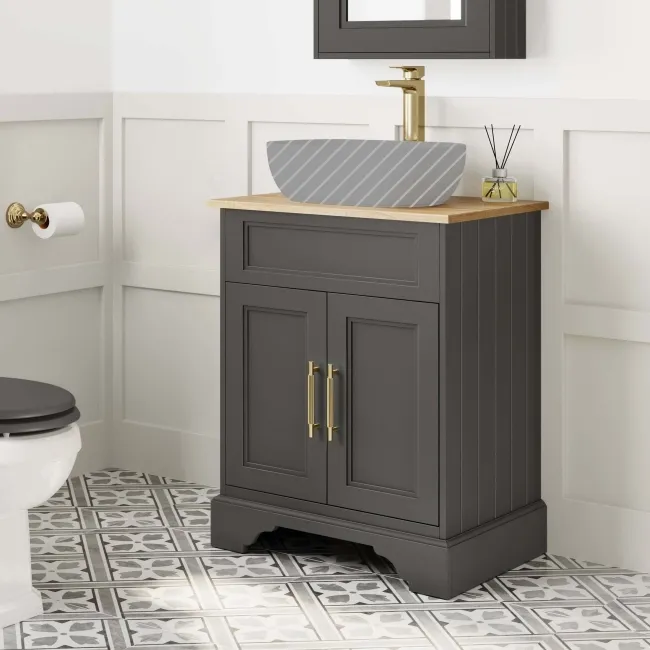 Lucia Graphite Grey Cabinet Oak Effect Top 640mm (Excludes Counter Top Basin) - Knurled Handles