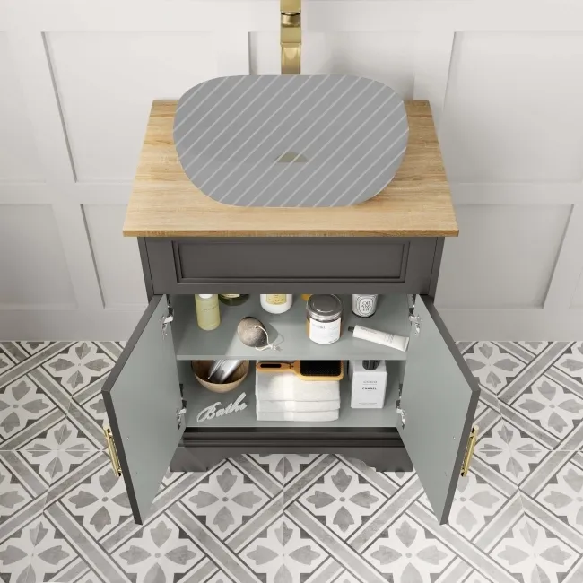 Lucia Graphite Grey Cabinet Oak Effect Top 640mm (Excludes Counter Top Basin) - Knurled Handles