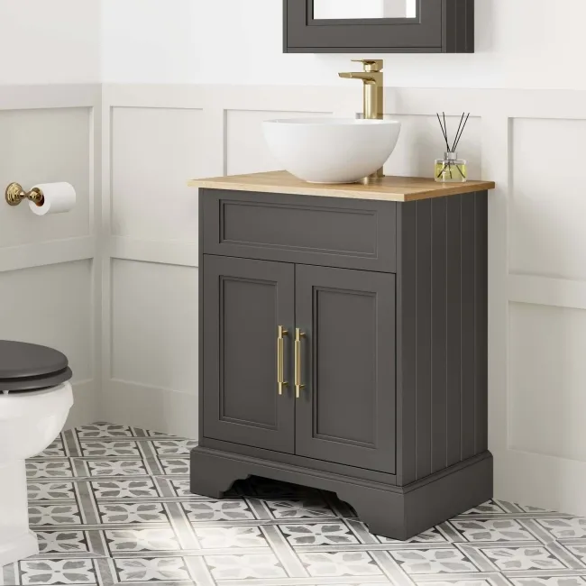 Lucia Graphite Grey Vanity with Oak Effect Top & Round Counter Top Basin 640mm - Knurled Handles