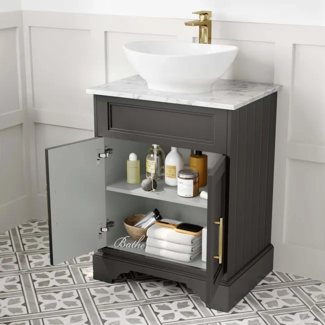 Lucia Graphite Grey Vanity with Marble Top & Oval Counter Top Basin 640mm - Brass Knurled Handles