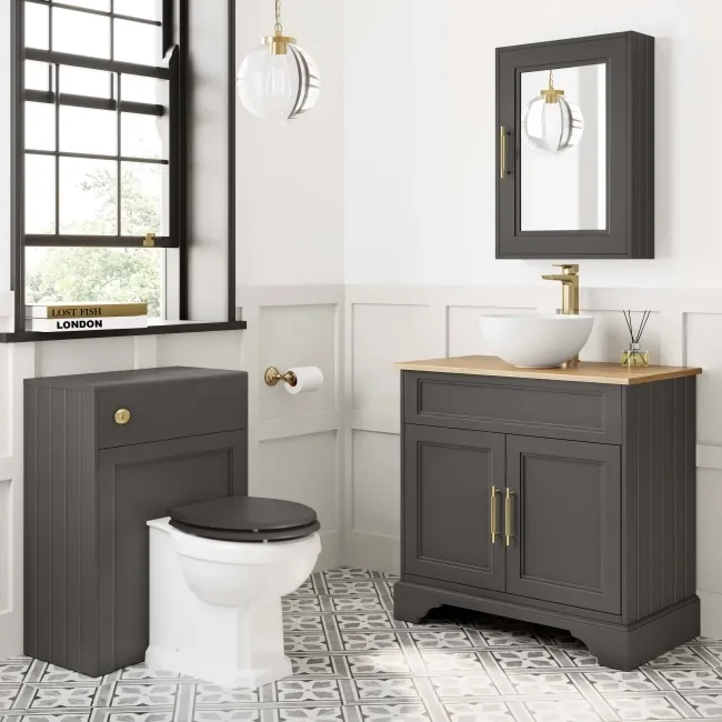 Lucia Graphite Grey Vanity with Oak Effect Top & Round Counter Top Basin 840mm - Knurled Handles