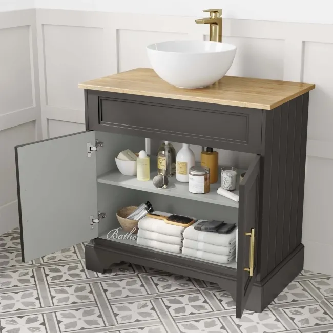 Lucia Graphite Grey Vanity with Oak Effect Top & Round Counter Top Basin 840mm - Knurled Handles