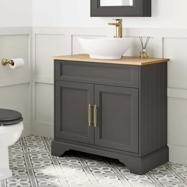 Lucia Graphite Grey Vanity with Oak Effect Top & Oval Counter Top Basin 840mm - Knurled Handles