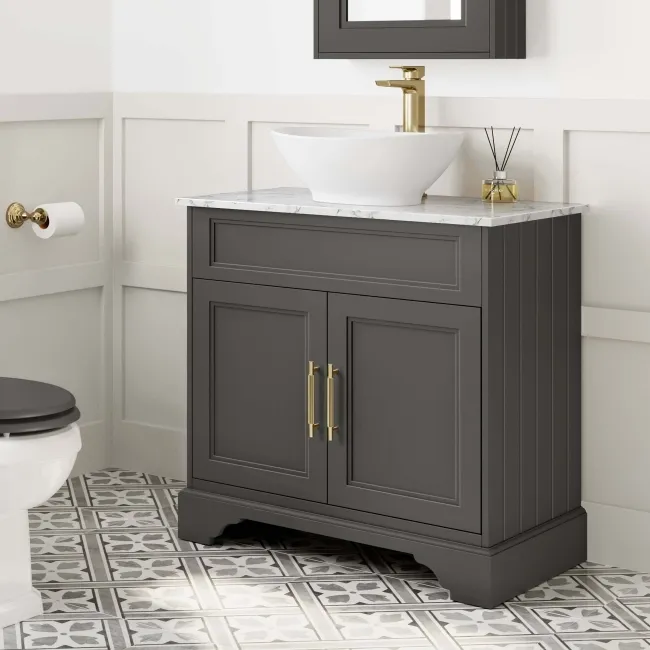 Lucia Graphite Grey Vanity with Marble Top & Oval Counter Top Basin 840mm - Brass Knurled Handles