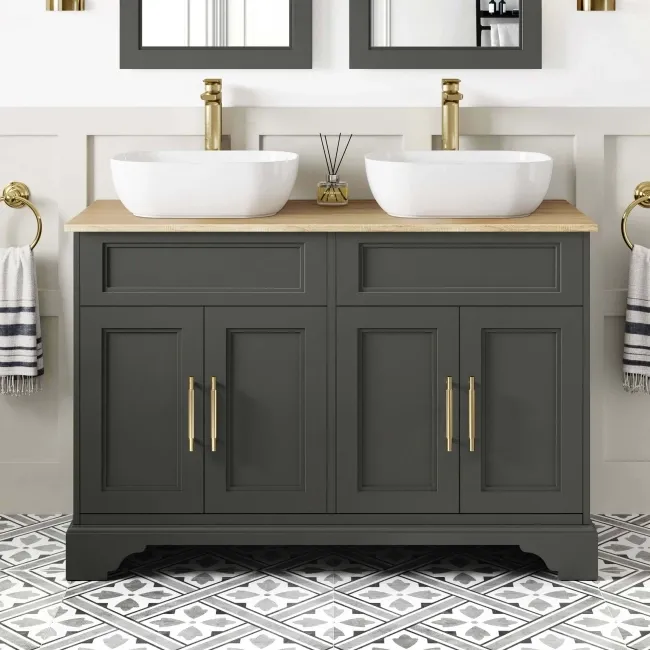 Lucia Graphite Grey Double Vanity Oak Effect Top & Curved Counter Top Basin 1200mm Knurled Handles