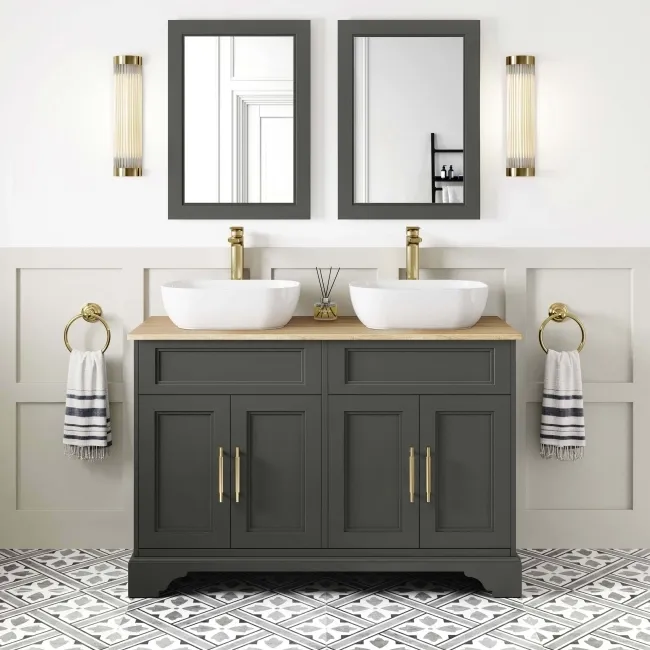 Lucia Graphite Grey Double Vanity Oak Effect Top & Curved Counter Top Basin 1200mm Knurled Handles