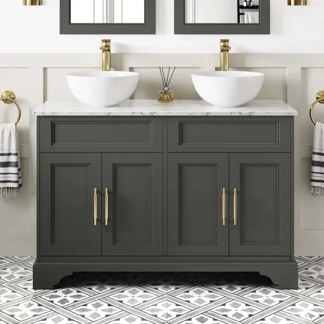Lucia Graphite Grey Double Vanity Marble Top & Round Counter Top Basin 1200mm - Knurled Handles